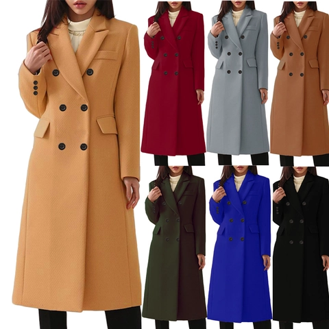 Women Long Double Breasted Woolen Coat Elegant Polyester Lapel Windbreaker Slim Fit Jacket Autumn Winter Commuting Outerwear