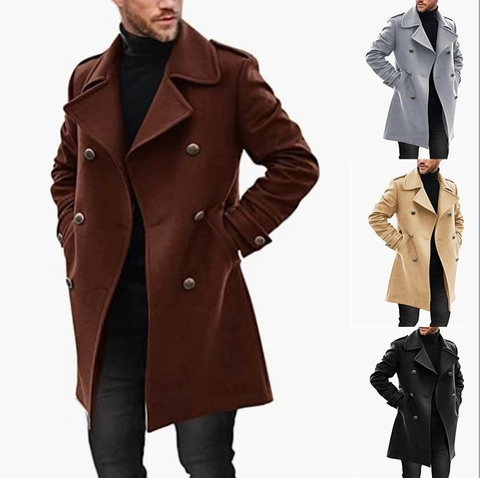Men's Mid-Length Woolen Texture Overcoat Winter Warm Double-Breasted Jacket With Epaulettes Urban Fashion Lapel Collar Long Coat