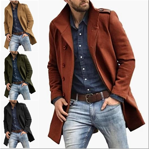 Men's Casual Business Woolen Look Mid-Long Overcoat Stand Collar Long Sleeve Solid Color Single Breasted Coat For Winter
