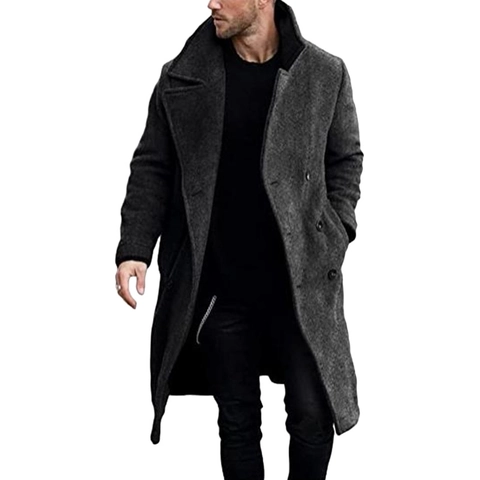 Men's Winter Double Breasted Woolen Overcoat Long Slim Fit Lapel Thick Polyester Jacket Casual Business Solid Trench Coat