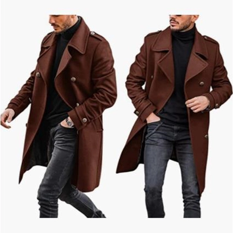 Men's Mid-Length Woolen Texture Overcoat Winter Warm Double-Breasted Jacket With Epaulettes Urban Fashion Lapel Collar Long Coat