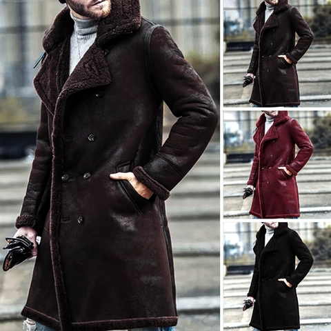Men Thickened Suede Shearling Jacket Faux Fur Lined Long Coat Double Breasted Outerwear Warm Winter Fashion Jacket