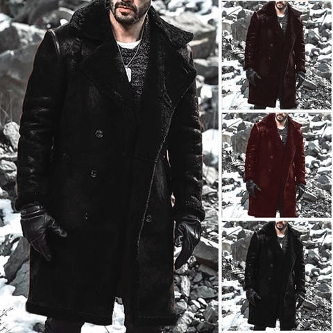Men European Style Long Faux Suede Coat Double Breasted Shearling Lined Winter Warm Thick Jacket Overcoat Outwear Jacket