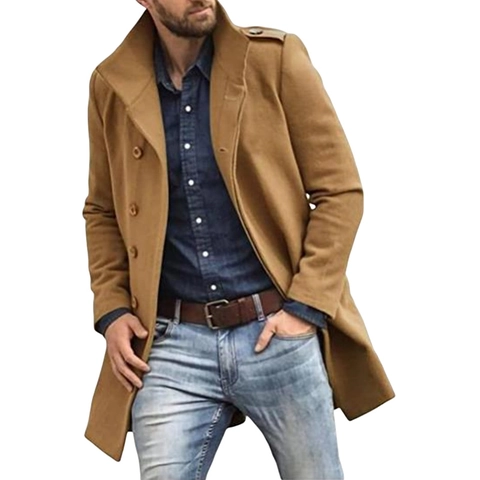 Men's Casual Business Woolen Look Mid-Long Overcoat Stand Collar Long Sleeve Solid Color Single Breasted Coat For Winter