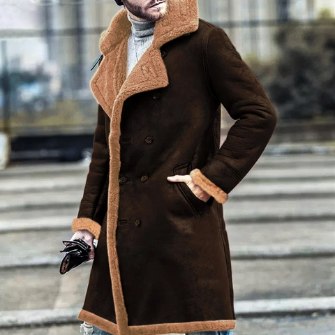 Cappotto da Uomo Vintage in Finta Pelle Scamosciata Foderato in Sherpa Caldo Inverno Doppiopetto Revers Trench Coat Giacca Casual