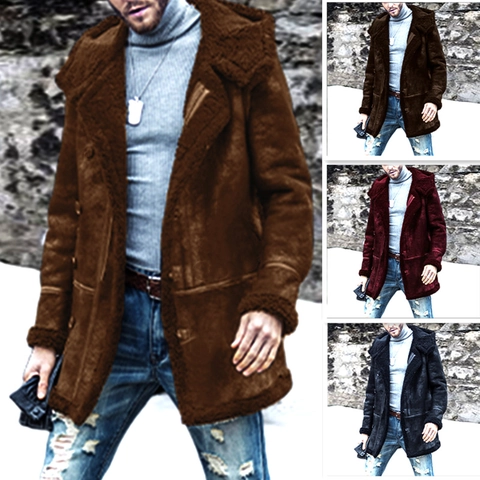 Men's Winter Faux Suede Hooded Coat Thickened Fleece Lined Sherpa Jacket Solid Color Urban Casual Long Sleeve Outerwear