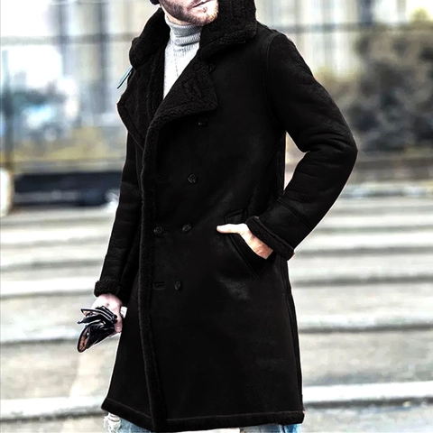 Men Thickened Suede Shearling Jacket Faux Fur Lined Long Coat Double Breasted Outerwear Warm Winter Fashion Jacket