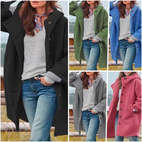 Cappotto In Lana Lungo Con Cappuccio Casual Da Donna Monopetto Caldo Soprabito Invernale Tinta Unita Abbigliamento Largo