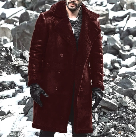 Men European Style Long Faux Suede Coat Double Breasted Shearling Lined Winter Warm Thick Jacket Overcoat Outwear Jacket