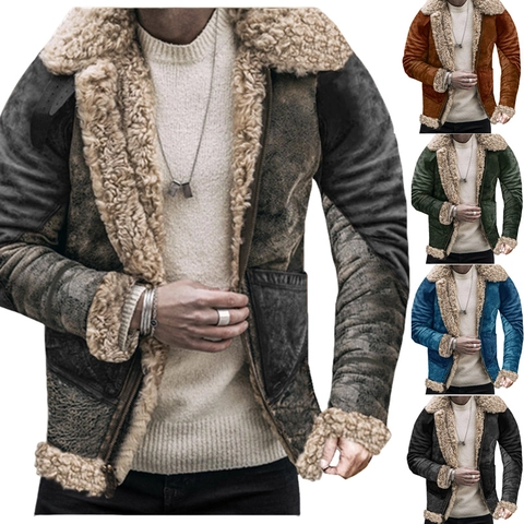 Men Vintage Faux Shearling Suede Jacket Pilot Biker Fleece Lined Thickened Winter Coat Turn-down Collar Zipper Outerwear