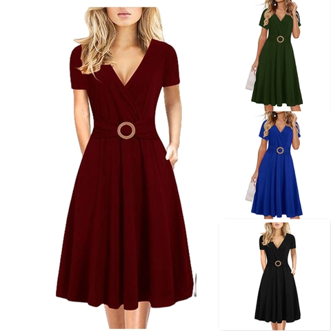 Women Elegant V Neck Short Sleeve Midi Dress Solid Color A Line Belted High Waist Commuter Work Office Party Dress