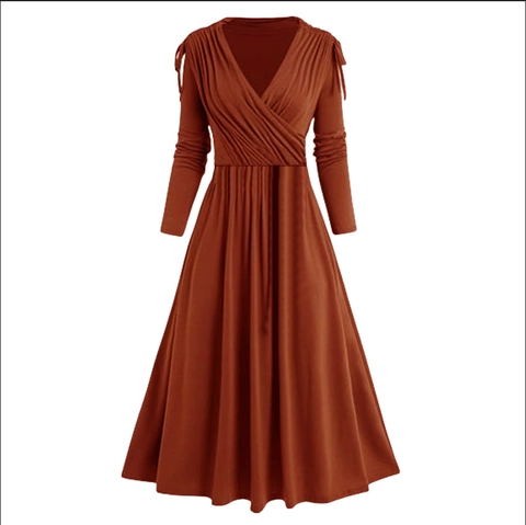 Women Elegant V Neck Long Sleeve Maxi Dress Pleated Wrap High Waist Flowy A-Line Party Dress Autumn Winter Solid Long Dress