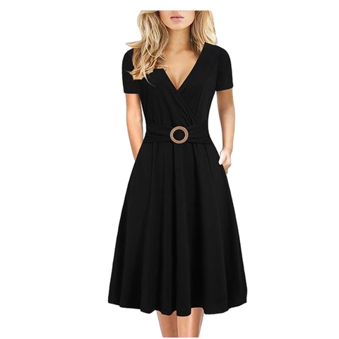 Women Elegant V Neck Short Sleeve Midi Dress Solid Color A Line Belted High Waist Commuter Work Office Party Dress
