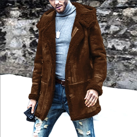 Men's Winter Faux Suede Hooded Coat Thickened Fleece Lined Sherpa Jacket Solid Color Urban Casual Long Sleeve Outerwear