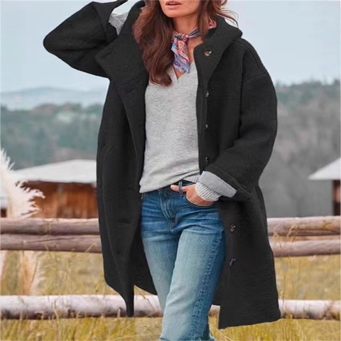 Cappotto In Lana Lungo Con Cappuccio Casual Da Donna Monopetto Caldo Soprabito Invernale Tinta Unita Abbigliamento Largo