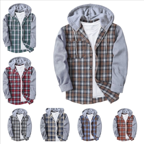 Herren Casual Kariertes Kapuzenhemd Langarm Fake Two-Piece Patchwork Baumwollmischung Button Down Tops Mit Tasche Für Alltag
