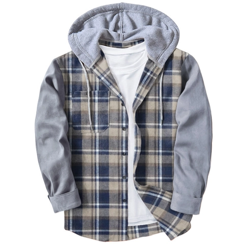 Herren Casual Kariertes Kapuzenhemd Langarm Fake Two-Piece Patchwork Baumwollmischung Button Down Tops Mit Tasche Für Alltag