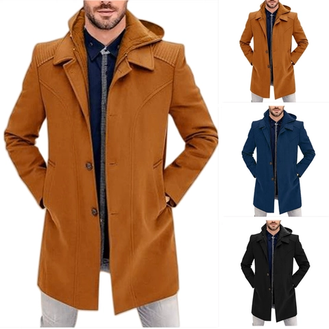 Men Hooded Woolen Overcoat Mid-Long Jacket Fake Two-Piece Single Breasted Solid Color Autumn Winter Outerwear Men Clothing