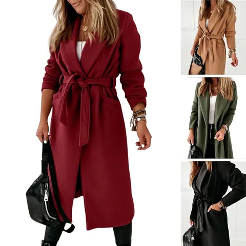 Women's Elegant Solid Color Long Woolen Coat Belted Notched Lapel Slim Fit Outerwear Office Commuting Trench Overcoat