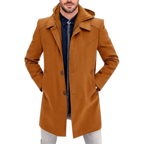 Men Hooded Woolen Overcoat Mid-Long Jacket Fake Two-Piece Single Breasted Solid Color Autumn Winter Outerwear Men Clothing