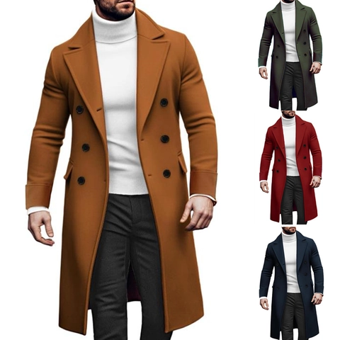 Men Long Woolen Overcoat Double Breasted Slim Fit Winter Autumn Business Casual Trench Coat Warm Jacket Solid Outerwear