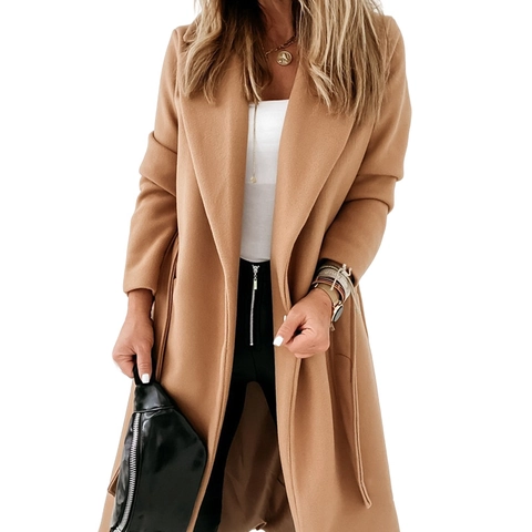 Women's Elegant Solid Color Long Woolen Coat Belted Notched Lapel Slim Fit Outerwear Office Commuting Trench Overcoat