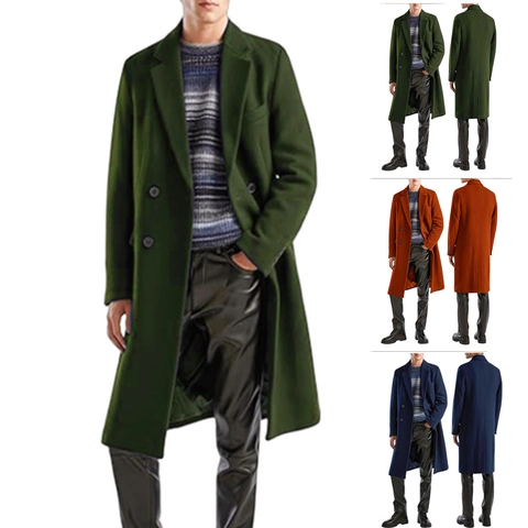 Men's Classic Woolen Look Double Breasted Long Overcoat Business Casual Polyester Winter Trench Coat With Suit Collar