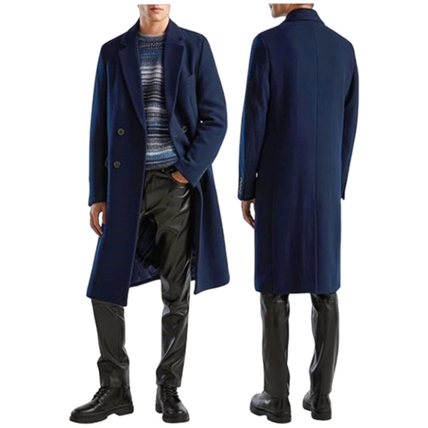 Men's Classic Woolen Look Double Breasted Long Overcoat Business Casual Polyester Winter Trench Coat With Suit Collar