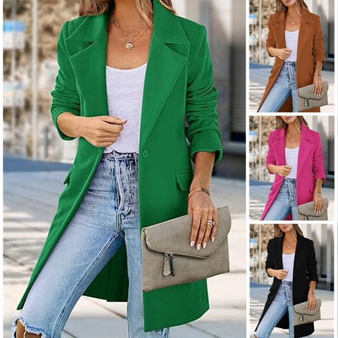 Dames Casual Halflang Wollen Jas Effen Kleur Reverskraag Lange Mouwen Eén Knoop Blazer Outerwear Jassen Grote Maten