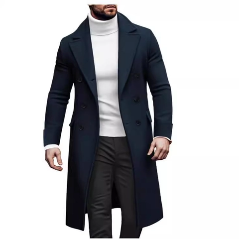 Men Long Woolen Overcoat Double Breasted Slim Fit Winter Autumn Business Casual Trench Coat Warm Jacket Solid Outerwear
