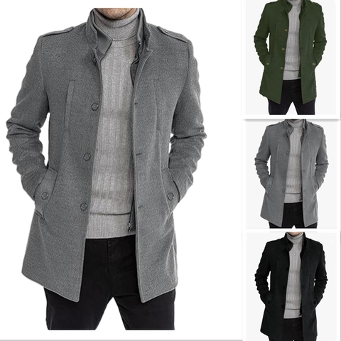 Men Mid-Length Wool Look Overcoat Slim Fit Stand Collar Zipper Coat With Epaulettes Solid Color Casual Fashion Outerwear