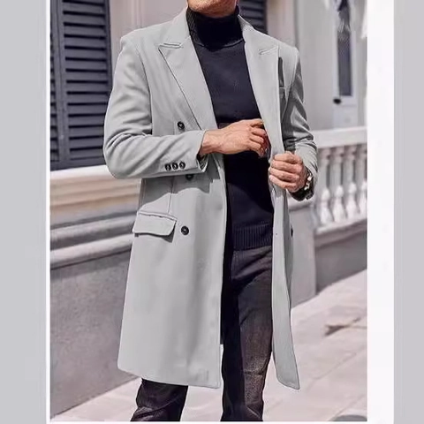 Men Long Woolen Overcoat Double Breasted Suit Collar Polyester Trench Coat Mid-Length Winter Outwear Thick Warm Coat For Men