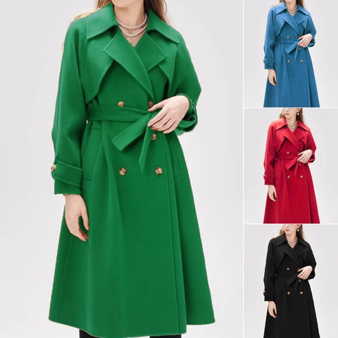 Damen Eleganter Doppelreihiger Wollmantel Extra Langer Revers Bindegürtel Mantel Herbst Winter Einfarbig Casual Oberbekleidung