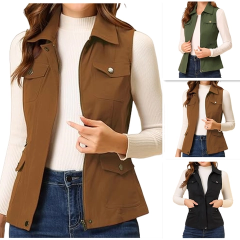 Women's Utility Utility Vest Multi-Pocket Zipper Sleeveless Waistcoat Casual Lapel Solid Color Regular Fit Outerwear