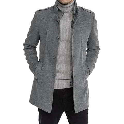 Men Mid-Length Wool Look Overcoat Slim Fit Stand Collar Zipper Coat With Epaulettes Solid Color Casual Fashion Outerwear