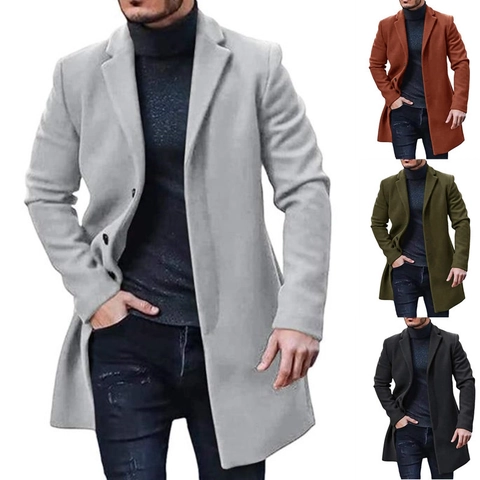 Men Mid-Long Wool Blend Overcoat Notch Lapel Single Breasted Slim Fit Winter Trench Coat Jacket Business Casual Outerwear