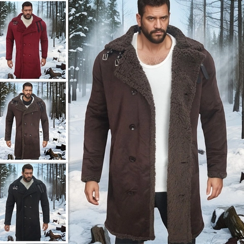 Men's Winter Thickened Long Suede Faux Fur Coat Double Breasted Turn Down Collar Shearling Lined Windproof Jacket For Men