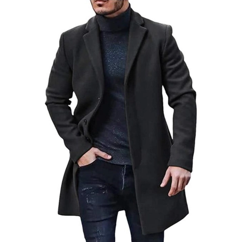 Men Mid-Long Wool Blend Overcoat Notch Lapel Single Breasted Slim Fit Winter Trench Coat Jacket Business Casual Outerwear