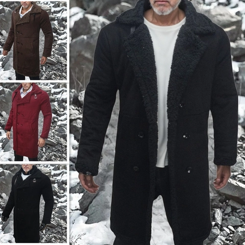 Men European Suede Faux Lamb Fur Warm Winter Coat Double Breasted Lapel Thick Long Overcoat Outwear For Men Plus Size