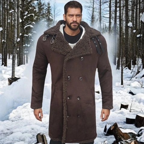 Men's Winter Thickened Long Suede Faux Fur Coat Double Breasted Turn Down Collar Shearling Lined Windproof Jacket For Men