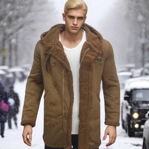 Cappotto da Uomo in Pelle Scamosciata Invernale Foderato in Pelliccia Sintetica Giacca con Cappuccio Calda Casual Tinta Unita Parka da Uomo