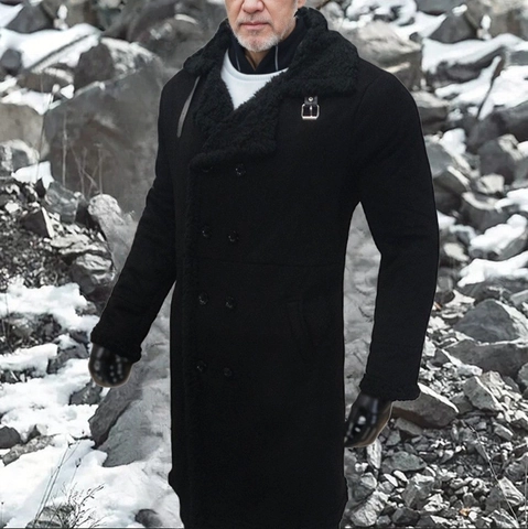 Men European Suede Faux Lamb Fur Warm Winter Coat Double Breasted Lapel Thick Long Overcoat Outwear For Men Plus Size