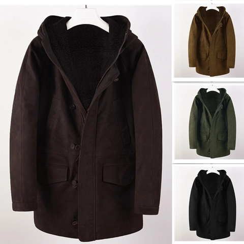 Men Winter Suede Parka Jacket Sherpa Lined Hooded Long Coat Thickened Warm Windproof Outerwear With Flap Pockets