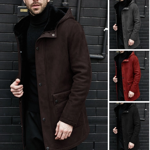 Men Mid-Long Hooded Suede Jacket Faux Fur Lined Winter Warm Overcoat Multi-Pockets Casual Fashion Outerwear For Men