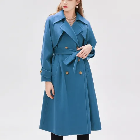 Damen Eleganter Doppelreihiger Wollmantel Extra Langer Revers Bindegürtel Mantel Herbst Winter Einfarbig Casual Oberbekleidung