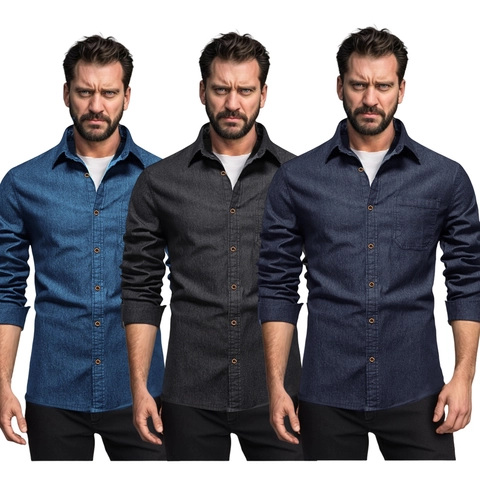 Camicia di Denim a Maniche Lunghe da Uomo Casual Vestibilità Regolare Misto Cotone Tinta Unita Con Taschino per Uso Quotidiano