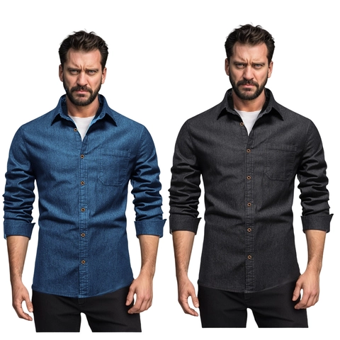 Camicia di Denim a Maniche Lunghe da Uomo Casual Vestibilità Regolare Misto Cotone Tinta Unita Con Taschino per Uso Quotidiano