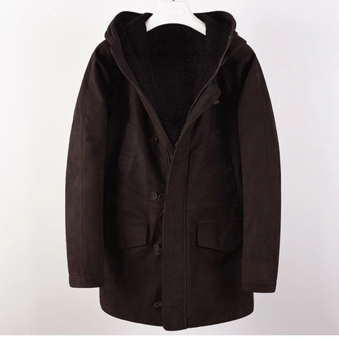 Men Winter Suede Parka Jacket Sherpa Lined Hooded Long Coat Thickened Warm Windproof Outerwear With Flap Pockets