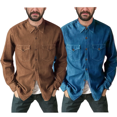 Camisa de Mezclilla Casual para Hombre Manga Larga Button Down Workwear Top Con Bolsillos Dobles en el Pecho Color Sólido Blusa de Algodón
