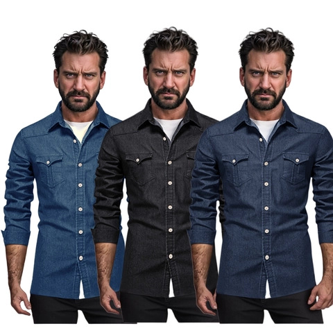 Camicia di Jeans Casual da Uomo Manica Lunga in Misto Cotone Stile Workwear Con Doppie Tasche Tinta Unita Collo a Rever